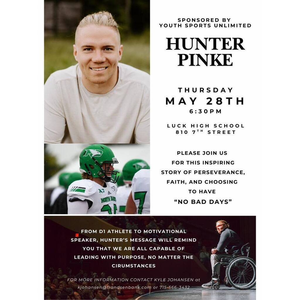 A promotional flyer for an event featuring speaker Hunter Pinke, sponsored by Youth Sports Unlimited.