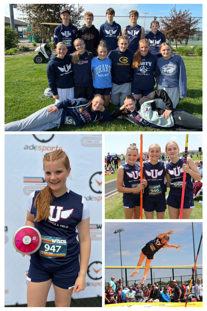 A collage of four photos showcasing middle school track and field athletes, including a large group picture on the grass, a girl holding a discus, three girls smiling by track equipment, and an athlete mid-air during a high jump.