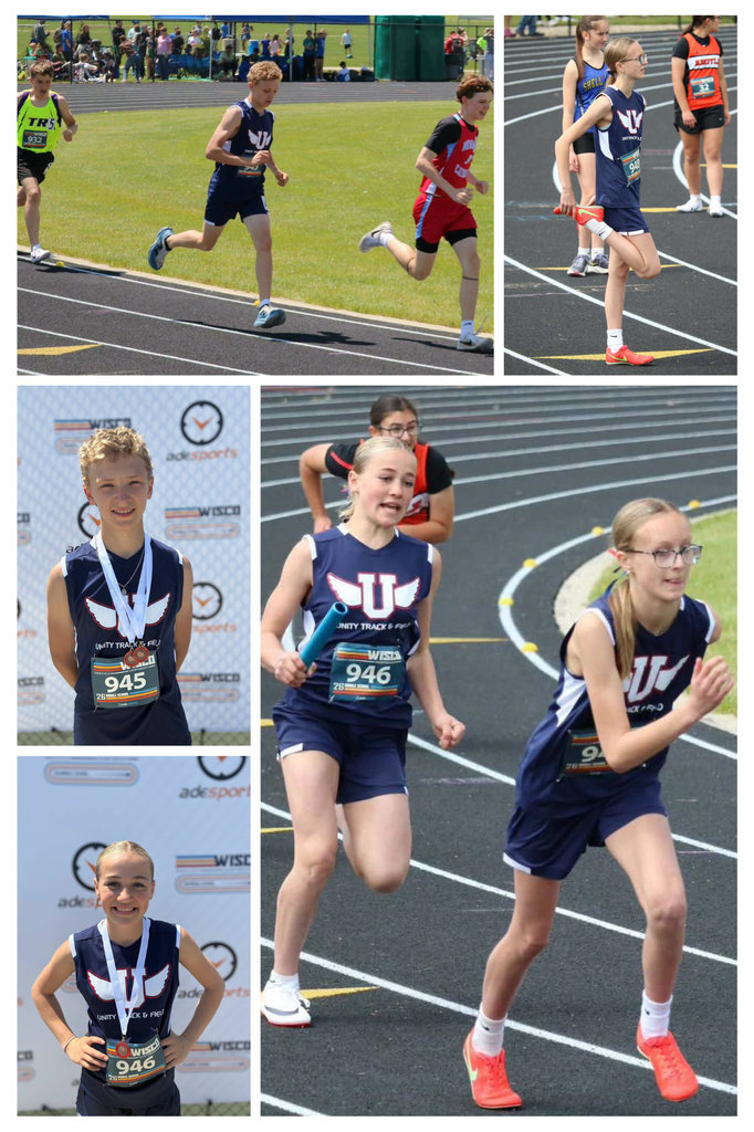 A photo collage of middle school track and field athletes, featuring boys racing on the track, a girls' relay exchange, individual podium pictures with medals, and girls running during a race.