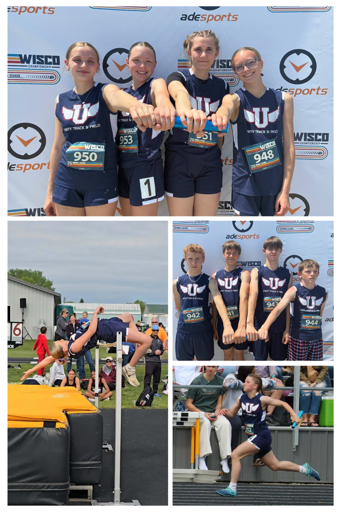 A photo collage featuring middle school track and field athletes, including a group of four girls posing together, a group of four boys posing, an athlete competing in the high jump, and a girl running on the track.