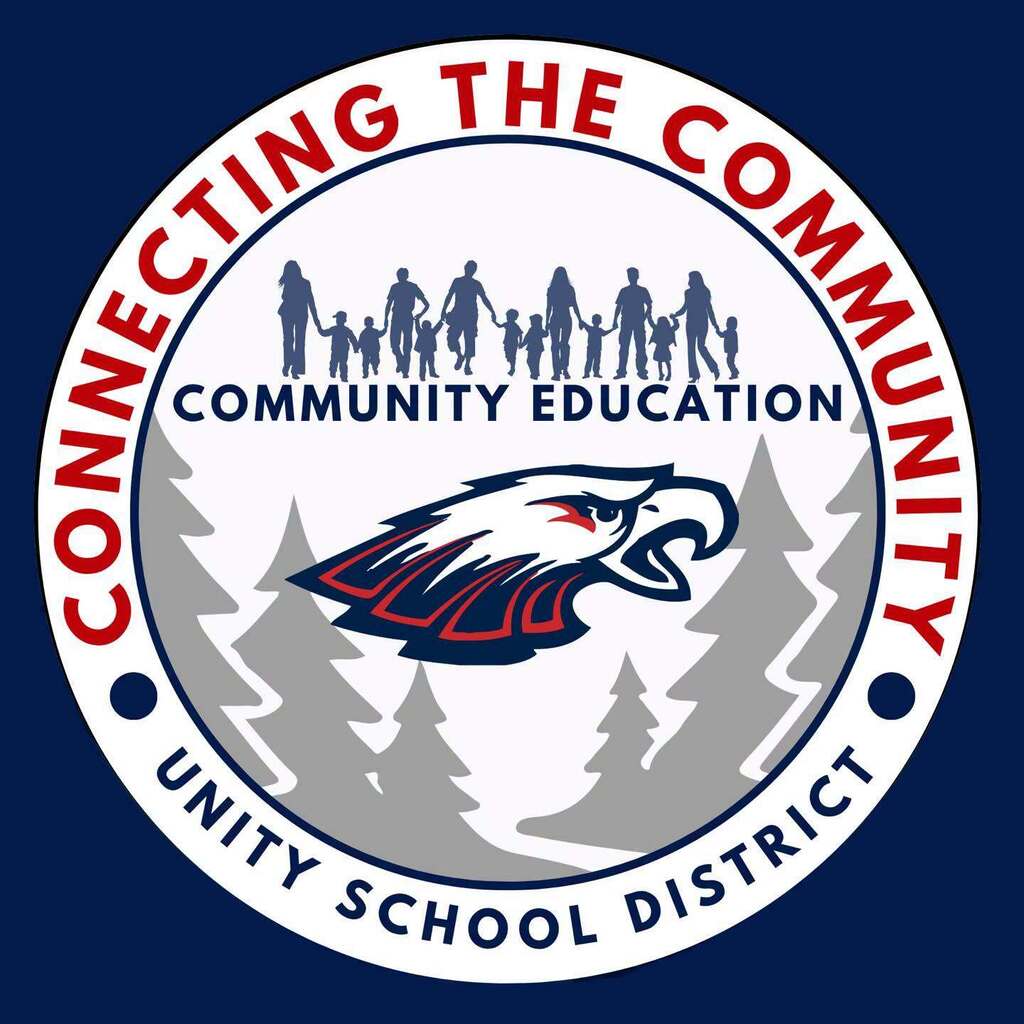 Circular Unity School District Community Education logo featuring an eagle head mascot, stylized pine trees, silhouettes of people holding hands, and the text "Connecting the Community.