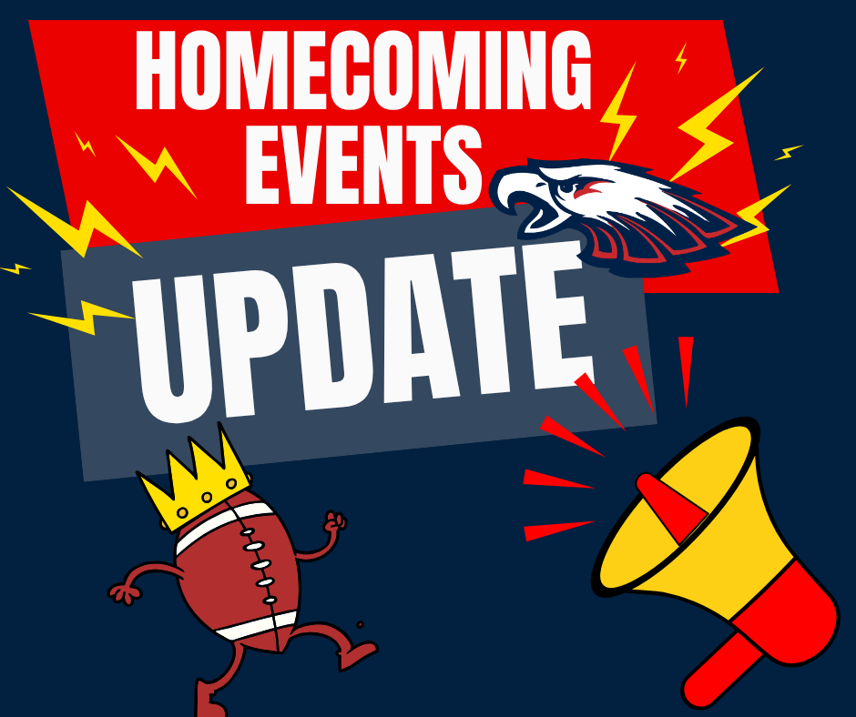 Homecoming Events Update graphic with eagle mascot, megaphone, and football mascot.
