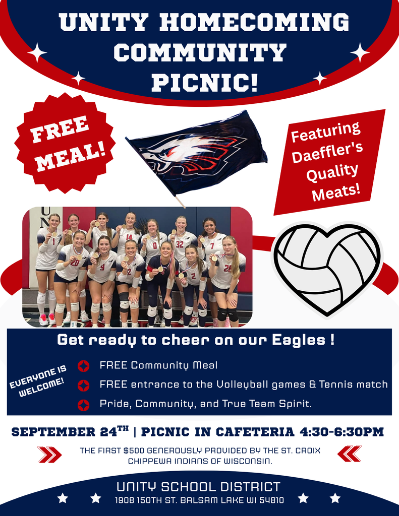 Unity Homecoming Community Picnic flyer announcing a free meal featuring Daeffler's Quality Meats on September 24th from 4:30 to 6:30 PM in the cafeteria, including free admission to volleyball games and tennis match.