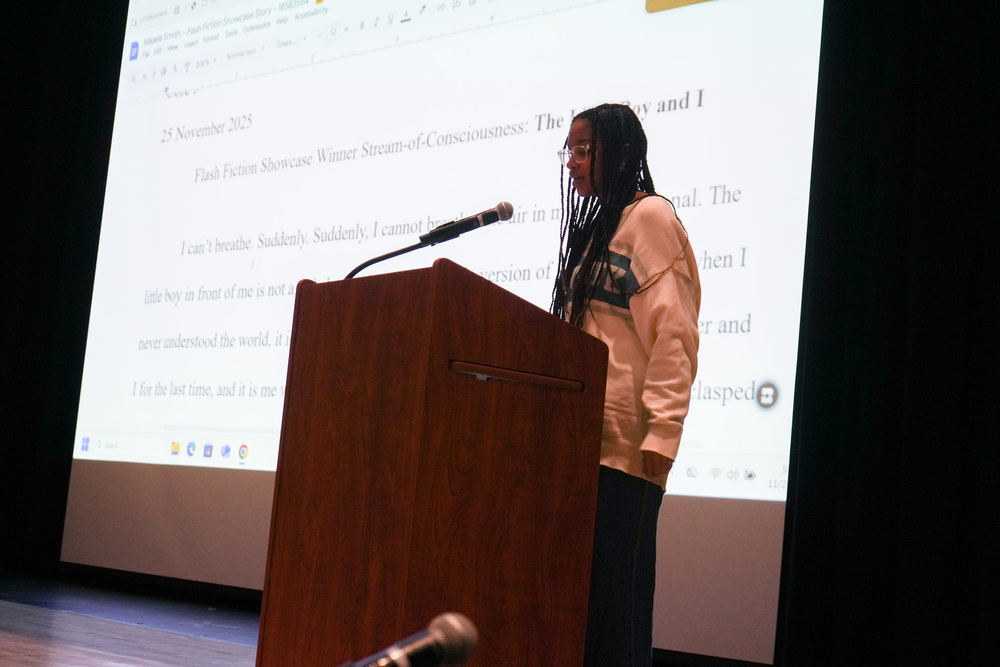 student presenting at showcase