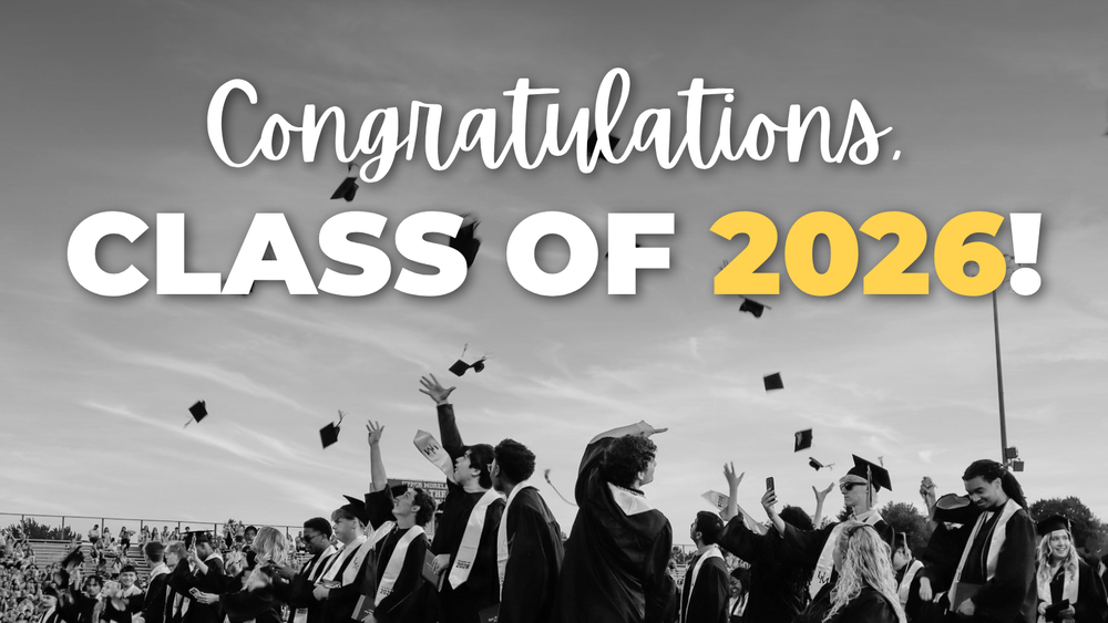 Graduates celebrating by tossing caps in the air with “Congratulations, CLASS OF 2026!” written above.