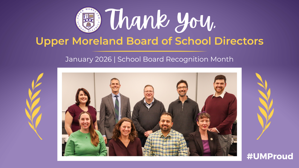 Group photo of the Upper Moreland Board of School Directors with a purple background and recognition message.