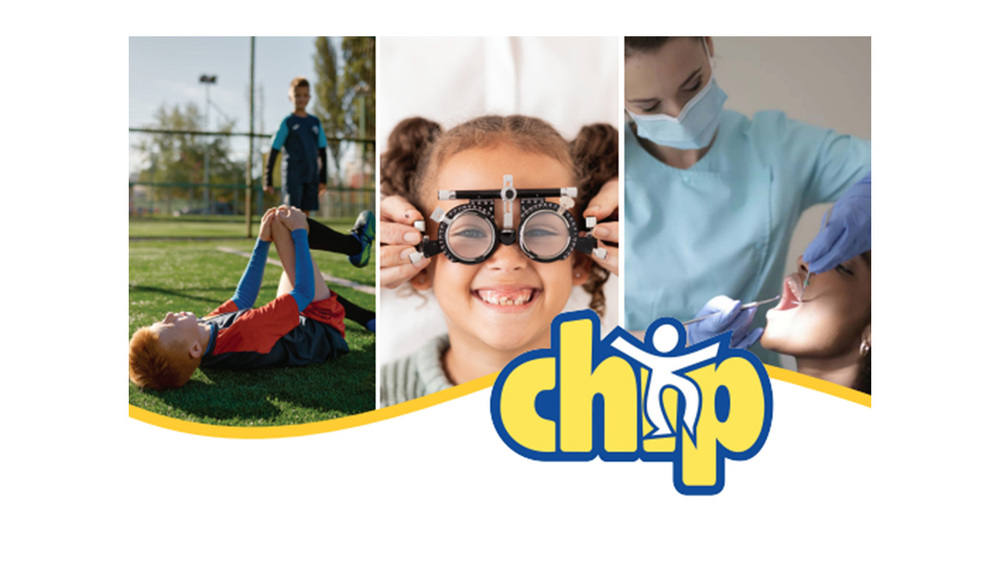 Collage showing a child stretching on a sports field, a child receiving an eye exam, and a child undergoing a dental examination, with a “chip” logo below.