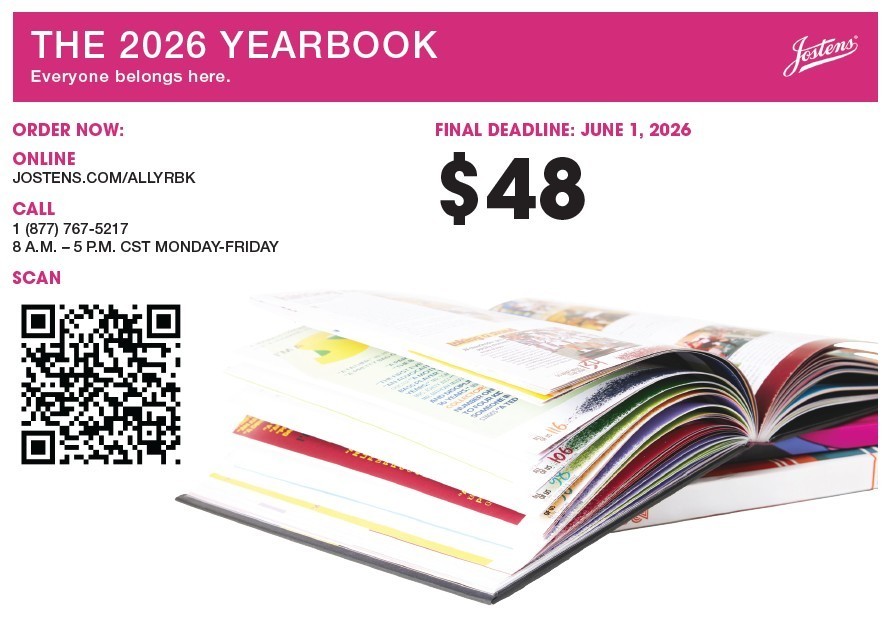 Promotional flyer for the 2026 yearbook, featuring ordering details, price, and an image of an open book.