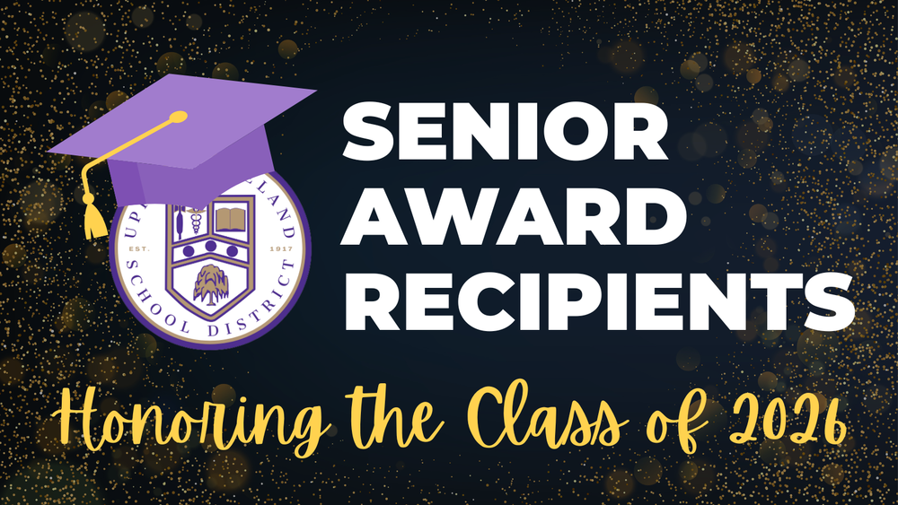 Graduation theme with "Senior Award Recipients" and "Honoring the Class of 2026" text on a confetti background.