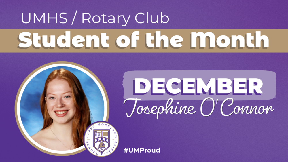 "Student of the Month announcement for December featuring a portrait and school district seal on a purple background."