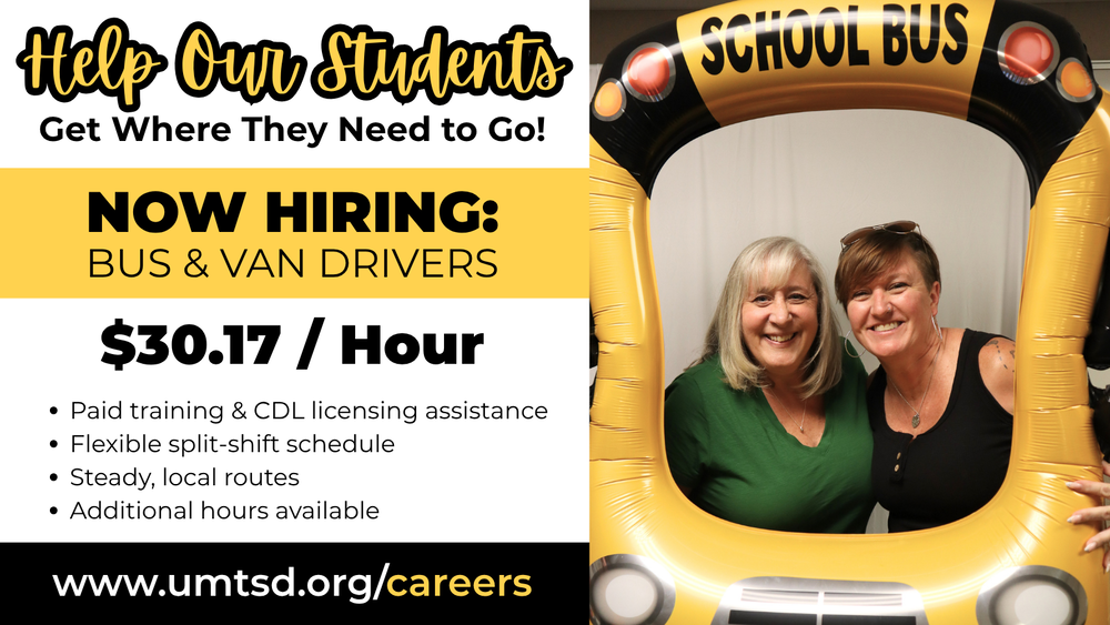 Recruitment graphic seeking school bus and van drivers for $30.17 per hour, featuring two women smiling inside an inflatable school-bus frame.