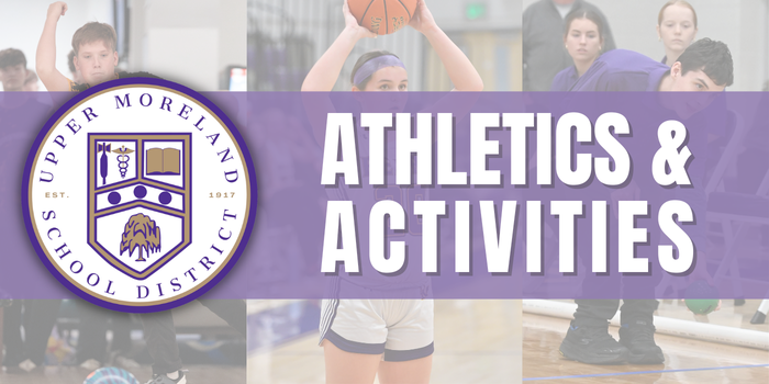 Banner for Upper Moreland School District athletics and activities with logo and images of children playing sports.