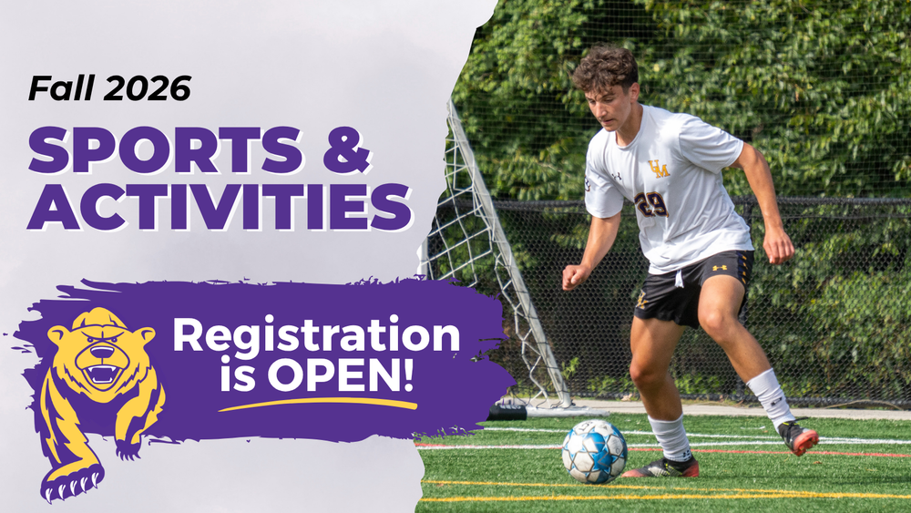A soccer player in a white jersey and black shorts dribbles a ball on a green field. The image promotes "Fall 2026 SPORTS & ACTIVITIES" with a bear mascot and states "Registration is OPEN!"