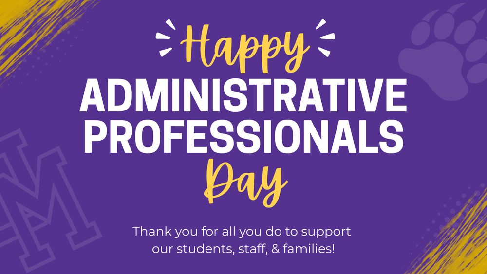 "Happy Administrative Professionals Day" message on a purple background with decorative elements.