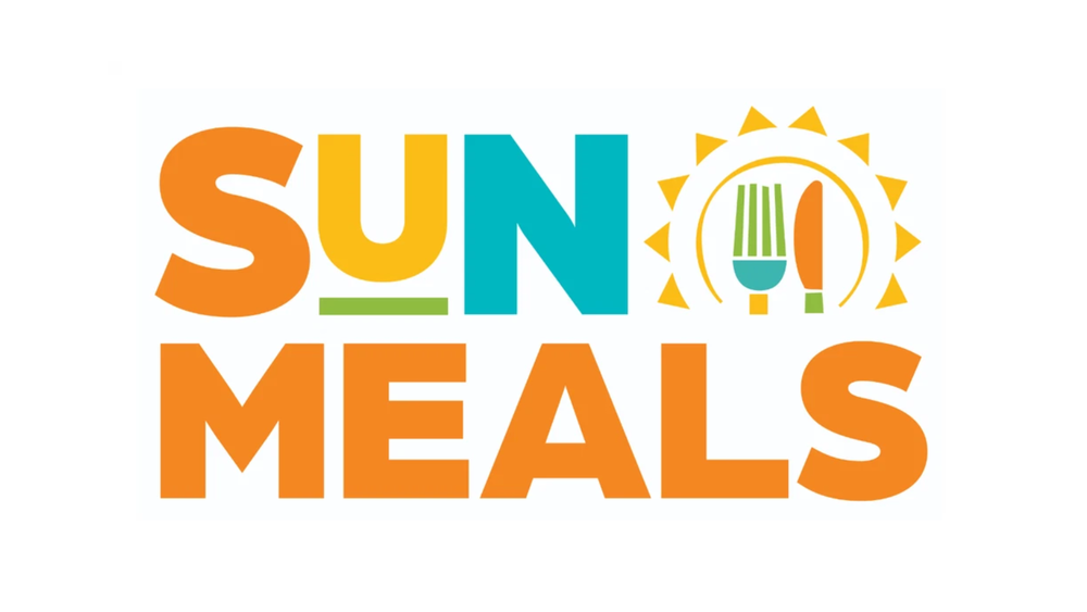 Logo reading "SUN MEALS" in colorful letters with a sun icon featuring a fork and knife.