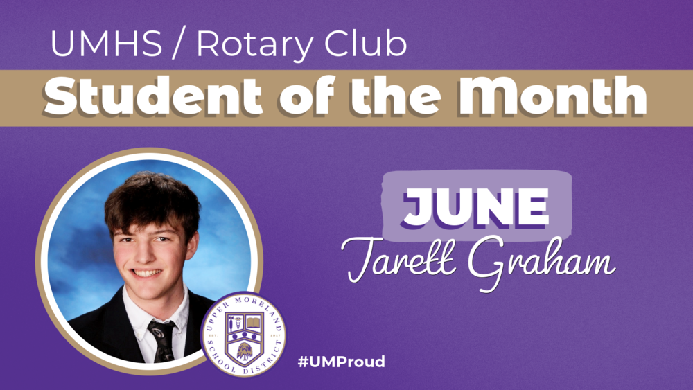 Announcement for "Student of the Month" featuring a photo of Tarett Graham, with decorative text indicating June and a school emblem.