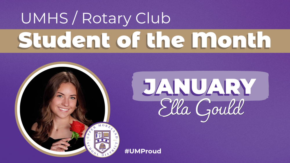 "Student of the Month" announcement for January, featuring a portrait of a person with text "Ella Gould."
