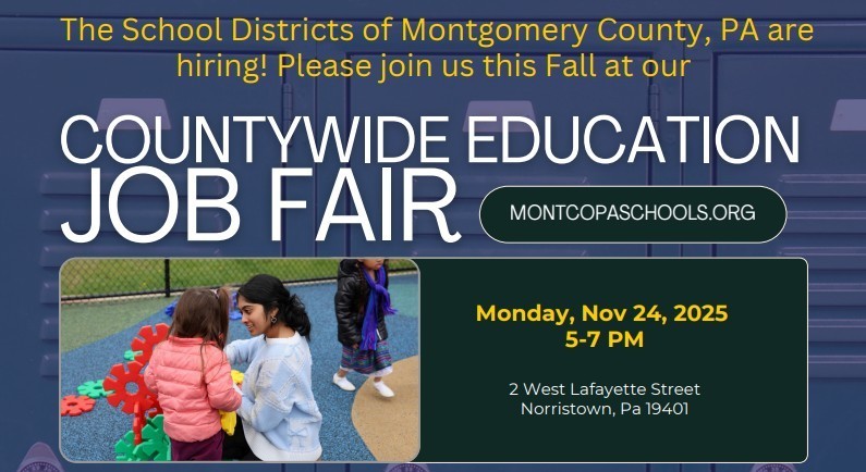 Advertisement for a countywide education job fair with event details and a photograph of children on a playground.
