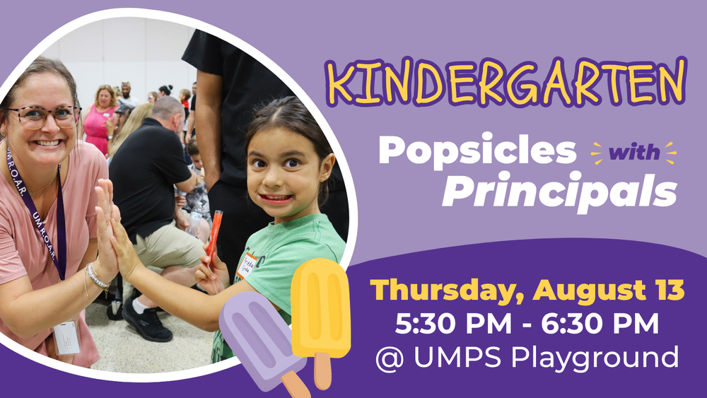 A woman and a young girl participate in a hand-clapping game at a school event titled "Kindergarten Popsicles with Principals," featuring a lively background of attendees.