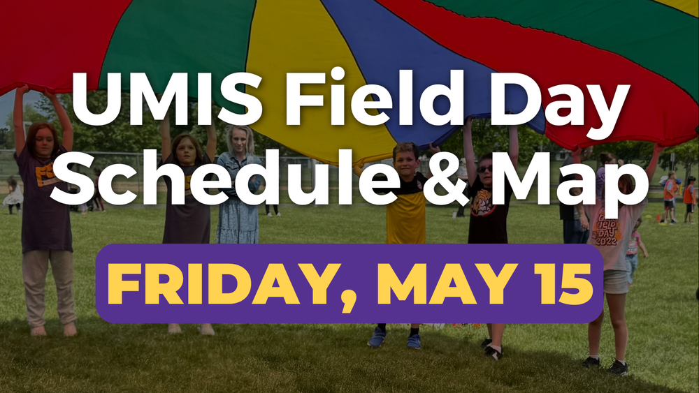 Children hold up a colorful parachute on a field with event information overlaid on the image.
