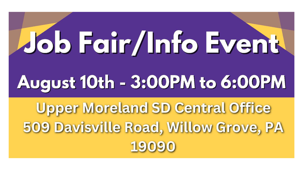 Job fair advertisement featuring event details in purple, yellow, and white sections. Includes date, time, and location information.