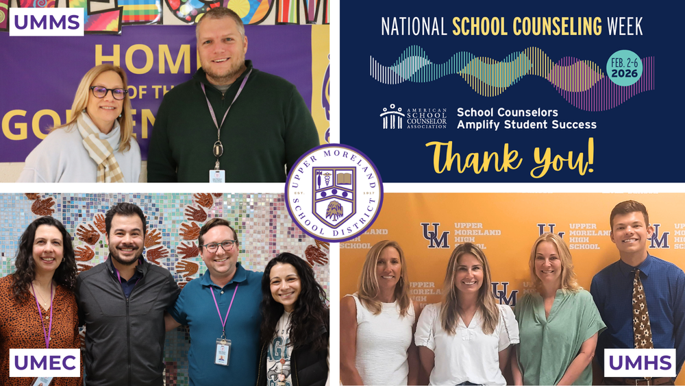 A collage of smiling individuals celebrating National School Counseling Week with colorful and thematic backgrounds.