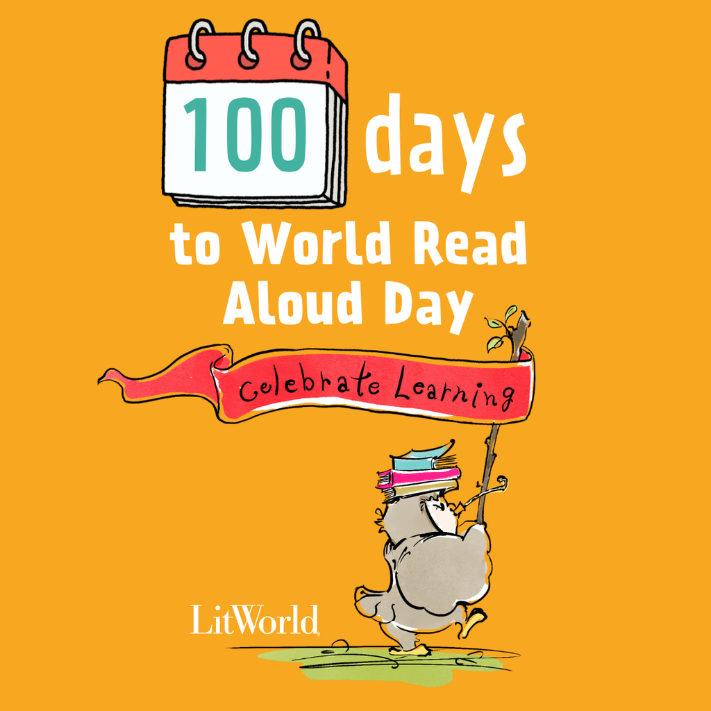 An illustration of a bird holding a "Celebrate Learning" banner with text about World Read Aloud Day on an orange background.