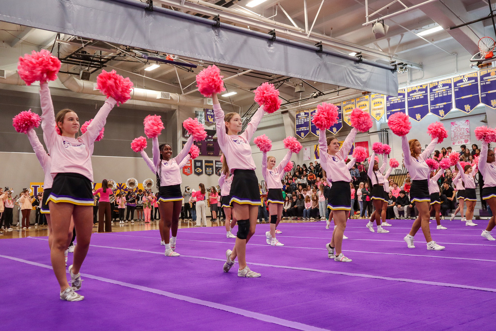 Cheerleaders in pink shirts and skirts with pink pom-poms perform in a gymnasium with a purple mat.
