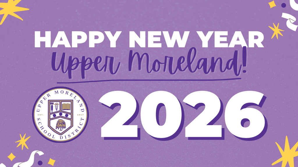 Purple-themed New Year greeting for Upper Moreland School District with the year "2026."