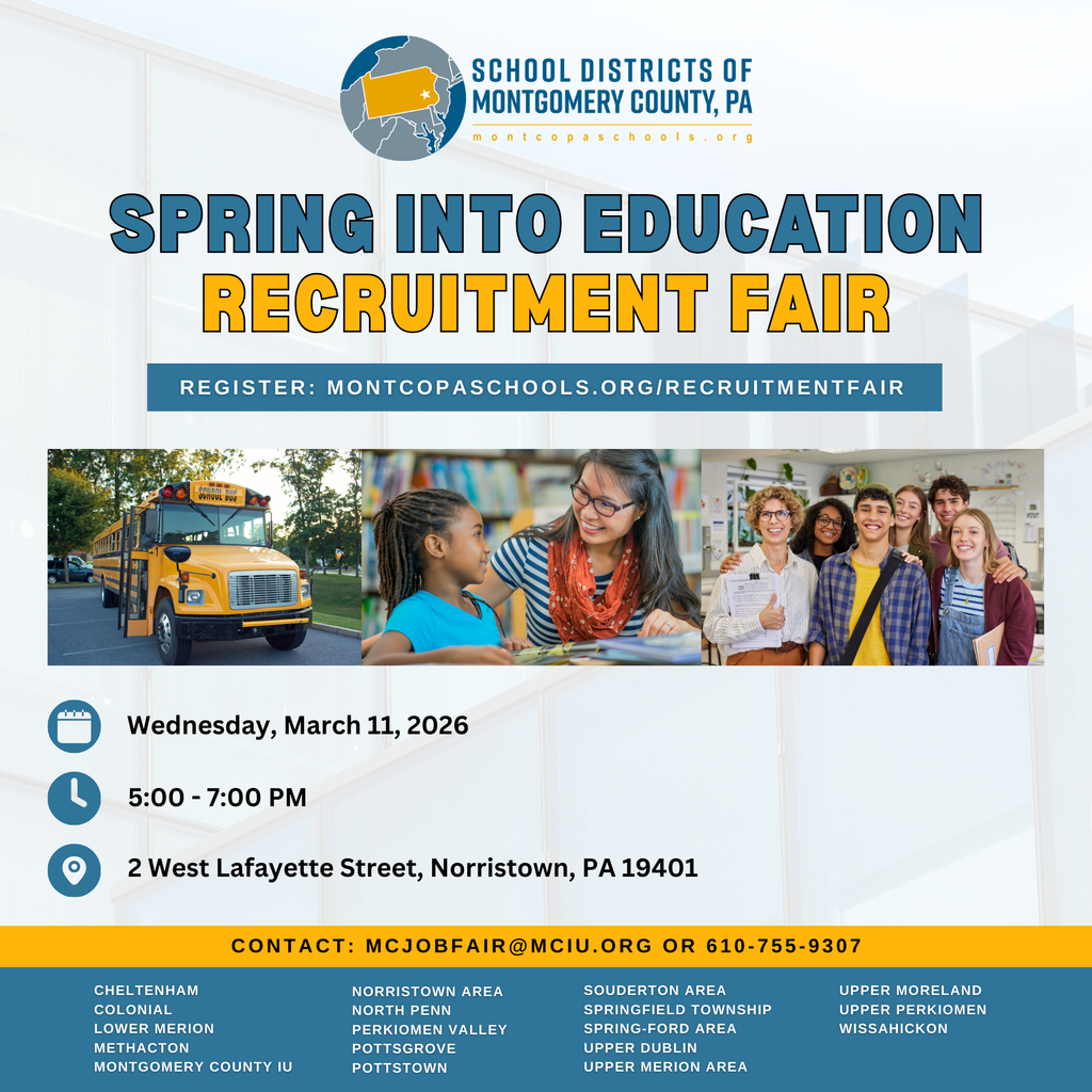 Advertisement for the School Districts of Montgomery County, PA Recruitment Fair, with event details and contact information.