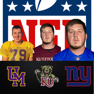 Three men in sports jerseys against an NFL logo background; below are logos for University of Missouri, Kutztown University, and New York Giants.