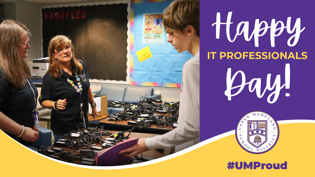 Graphic celebrating IT Professionals Day, featuring school staff sorting electronic cables and equipment beside the message “Happy IT Professionals Day!”