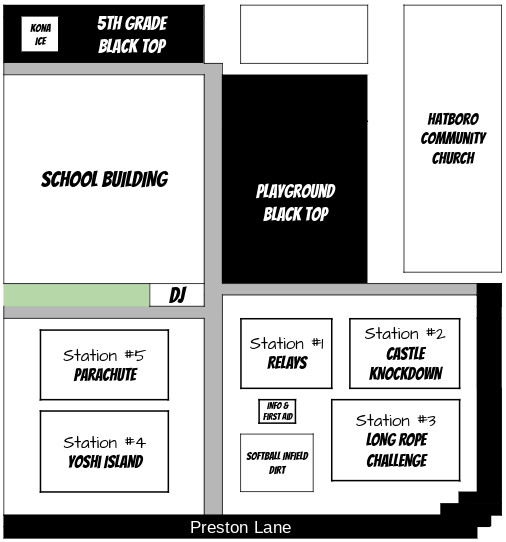 Map layout for UMIS field day with labeled activity and station areas, including a school building, DJ, and various activity stations.