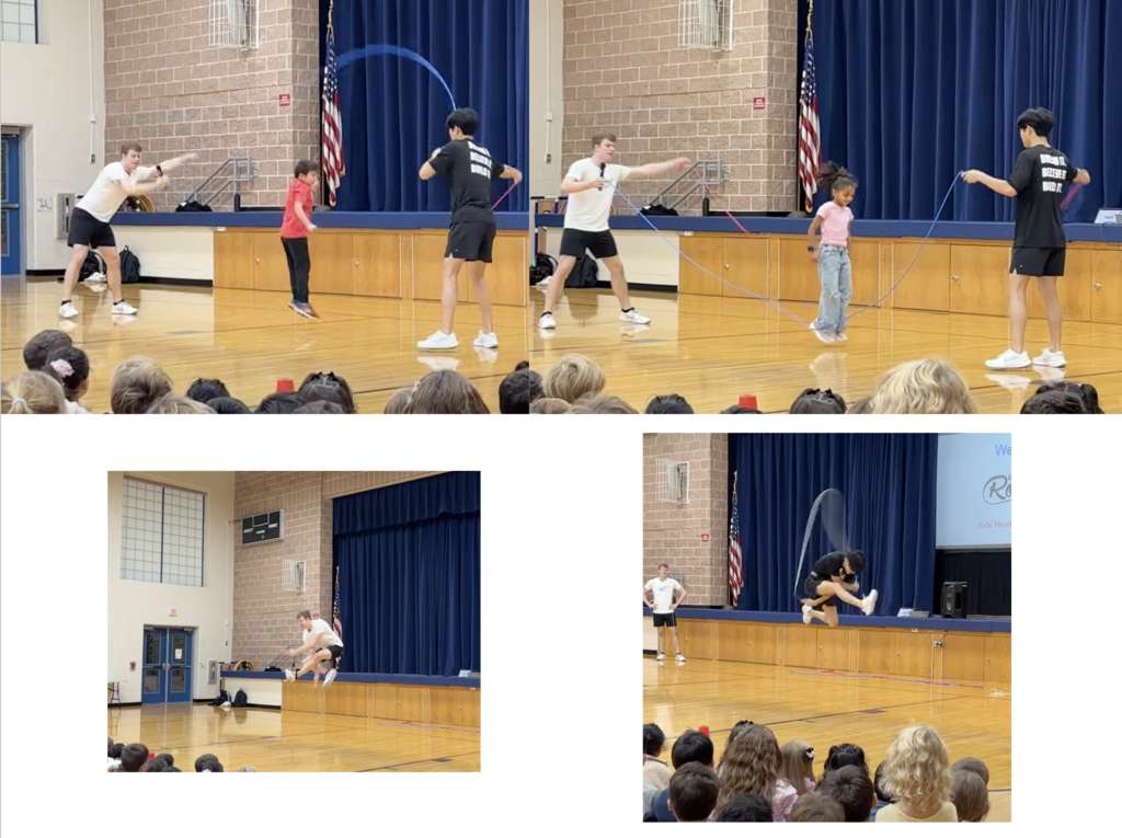 School Assembly pictures with kids and adults jump roping.