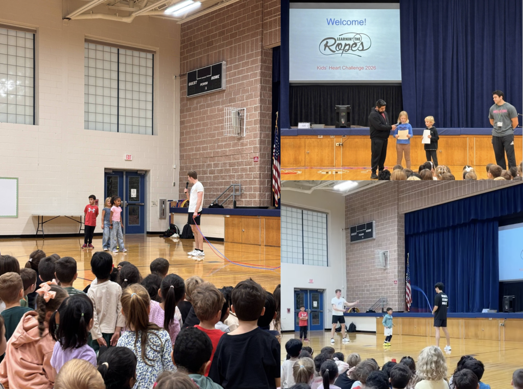 School Assembly pictures with kids and adults jump roping.