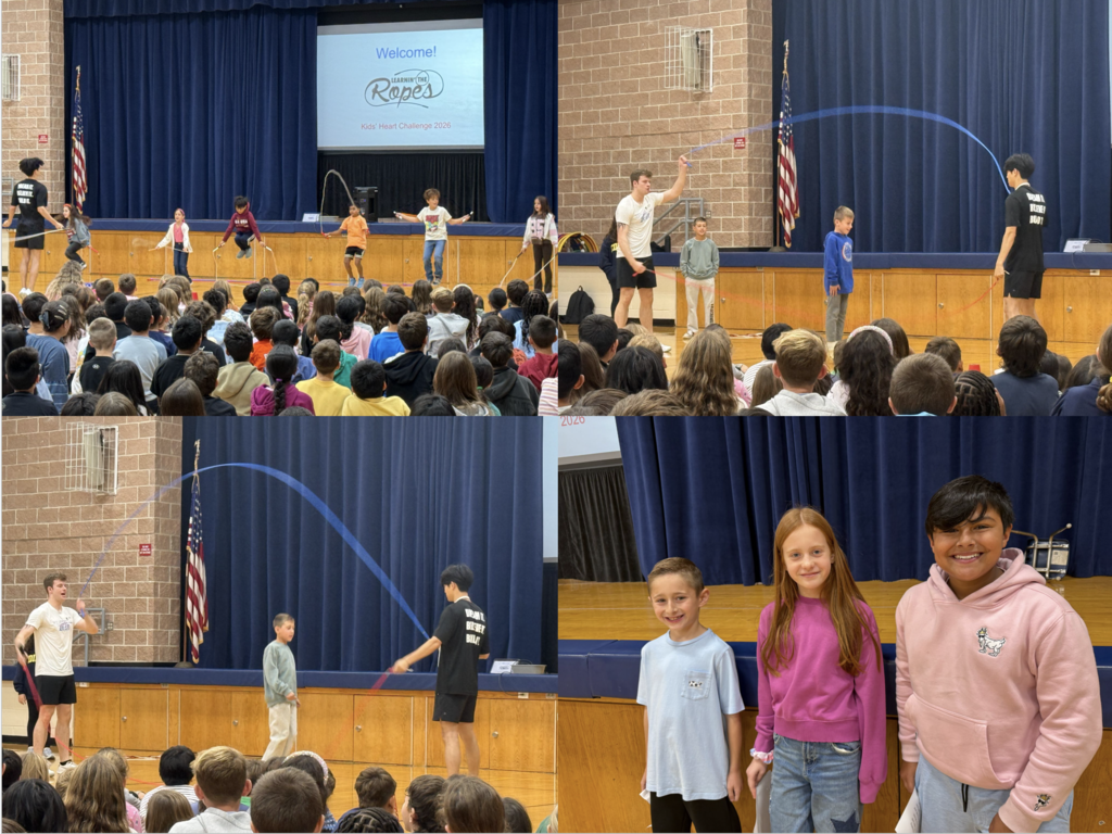 School Assembly pictures with kids and adults jump roping.