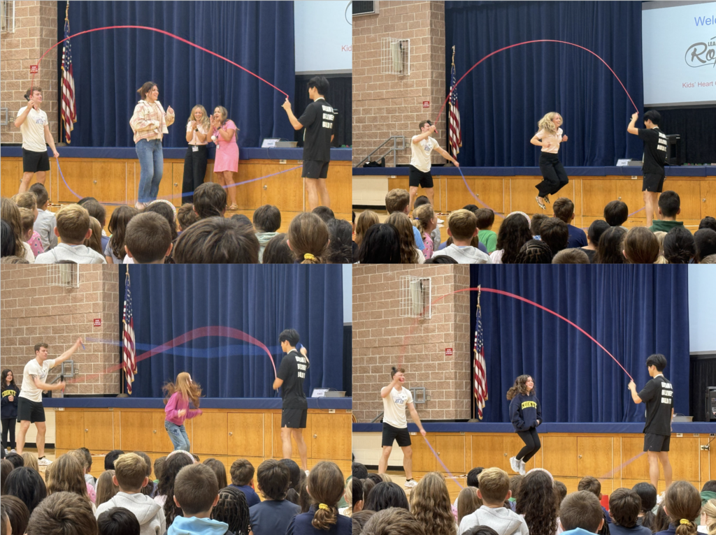 School Assembly pictures with kids and adults jump roping.