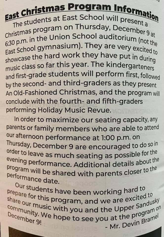 Christmas Program December 9th at Union.