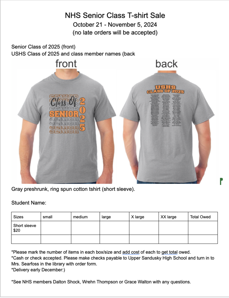 2025 Senior Class T-shirt Order Form