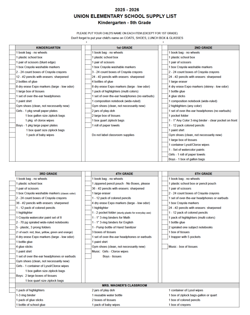 2025-2026 School supply list