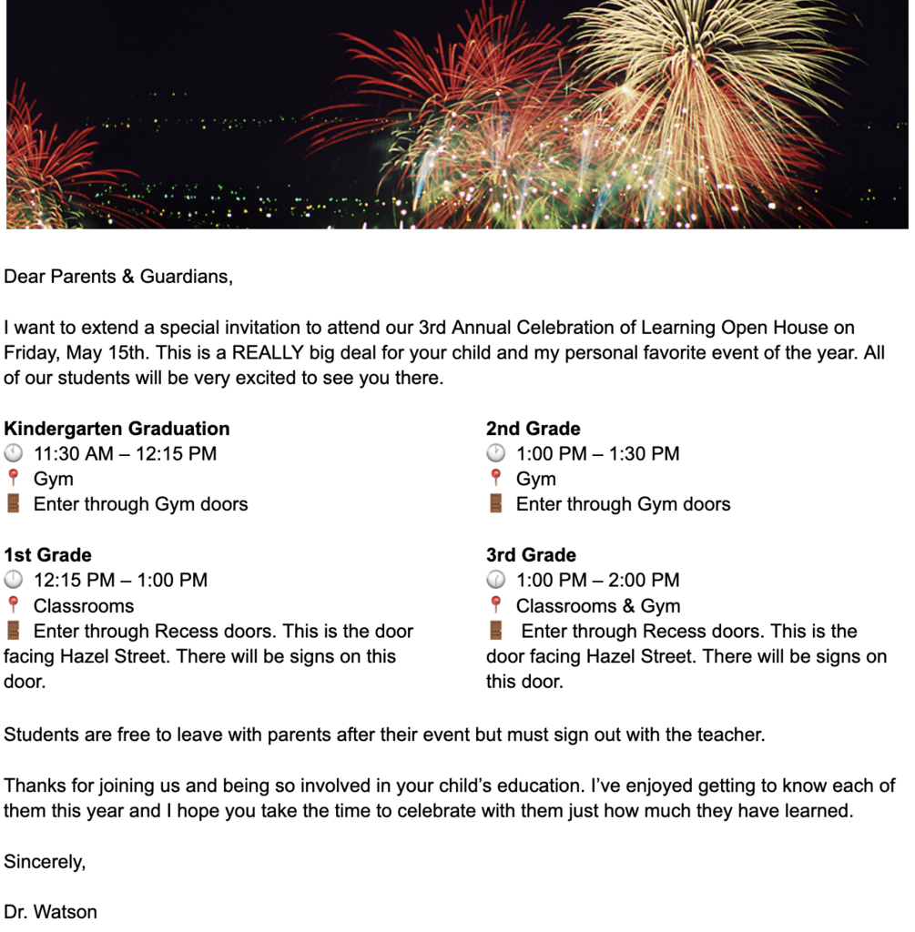 celebration of learning letter