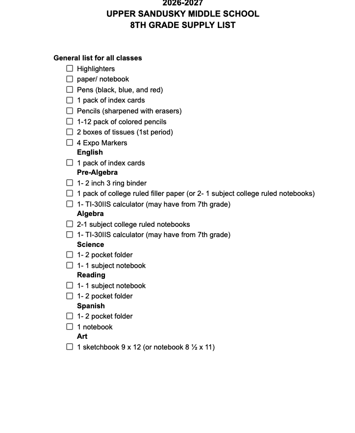 8th grade supply list