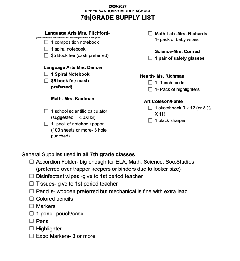 7th grade supply list