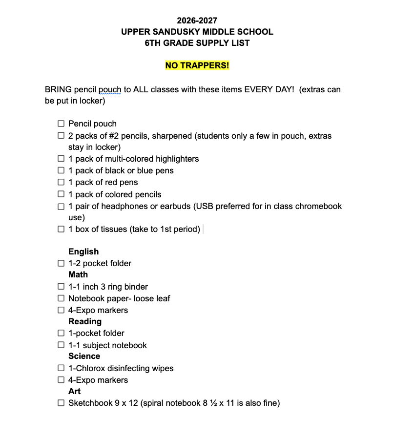 6th grade supply list