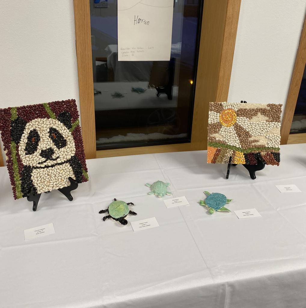Ceramic turtles by 4th grade students, and bean mosaics by 11th and 12th graders.