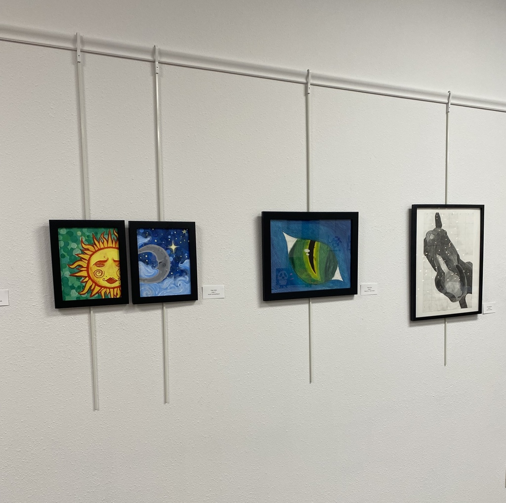 Diptych painting, chalk pastel dragon eye, and pencil grid drawing.