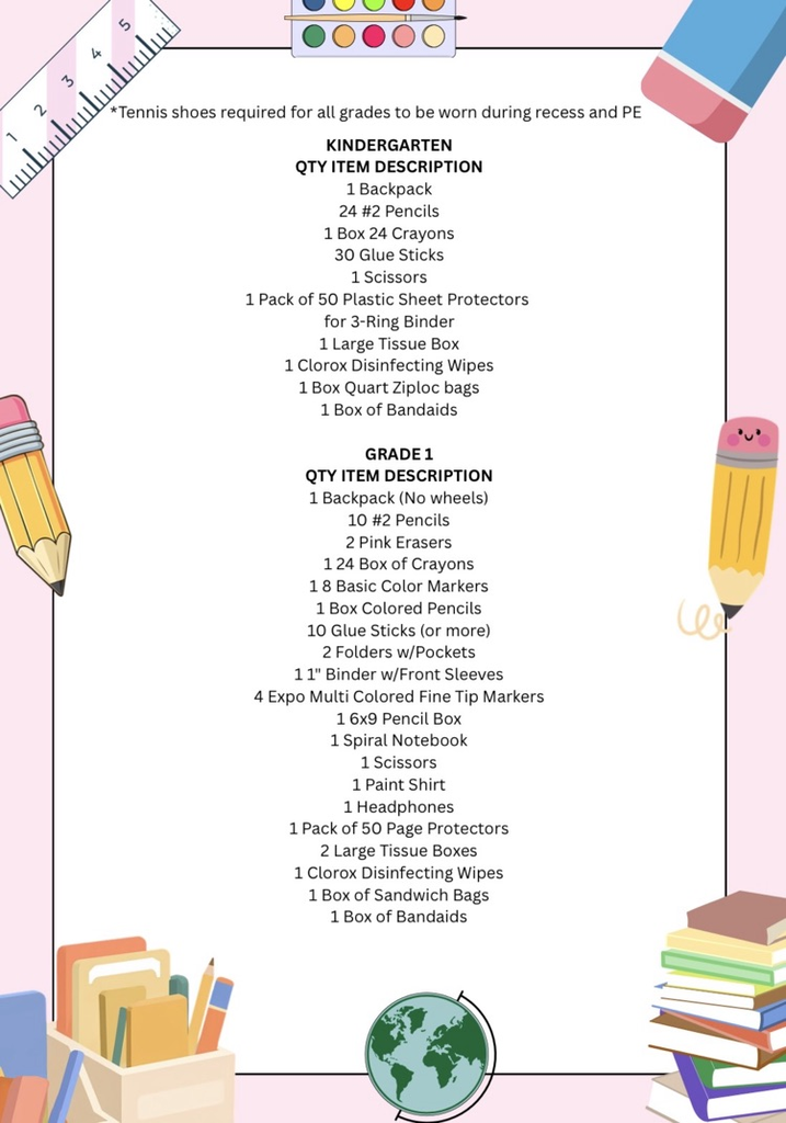k-1 supply list