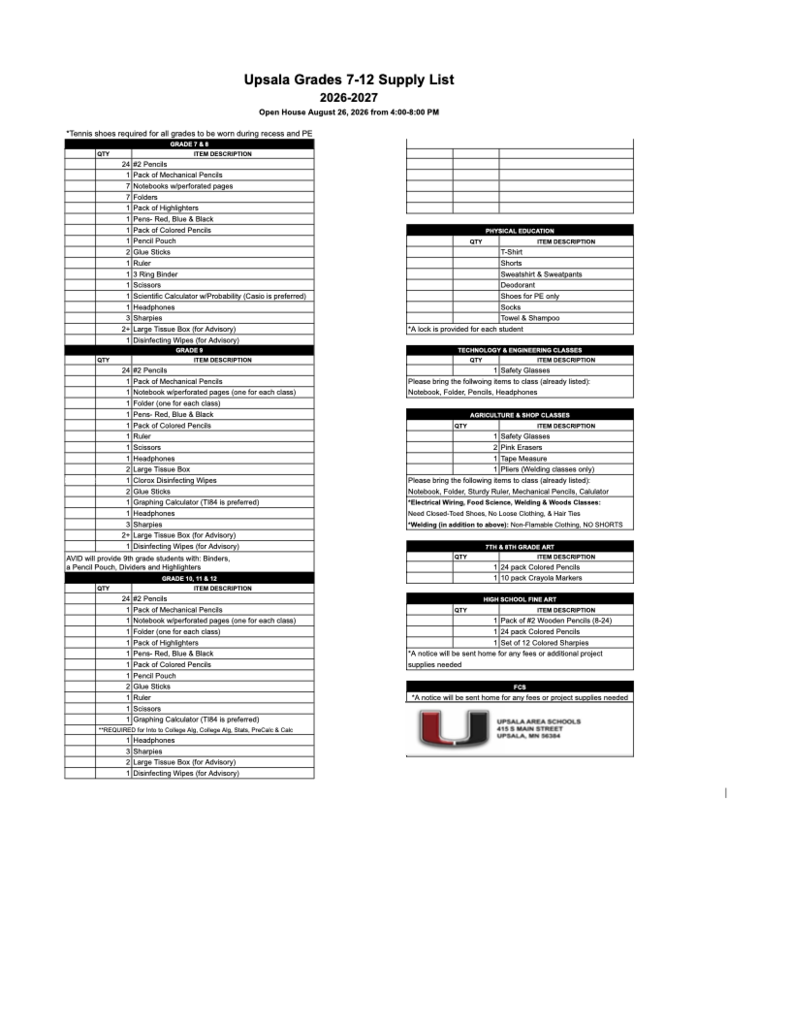 7-10 School Supply List