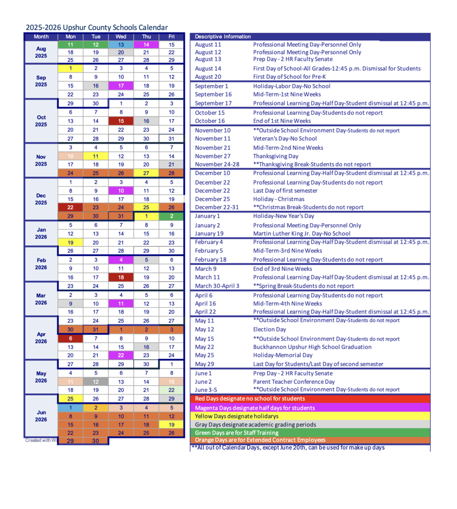 2025-2026 Upshur School Calendar