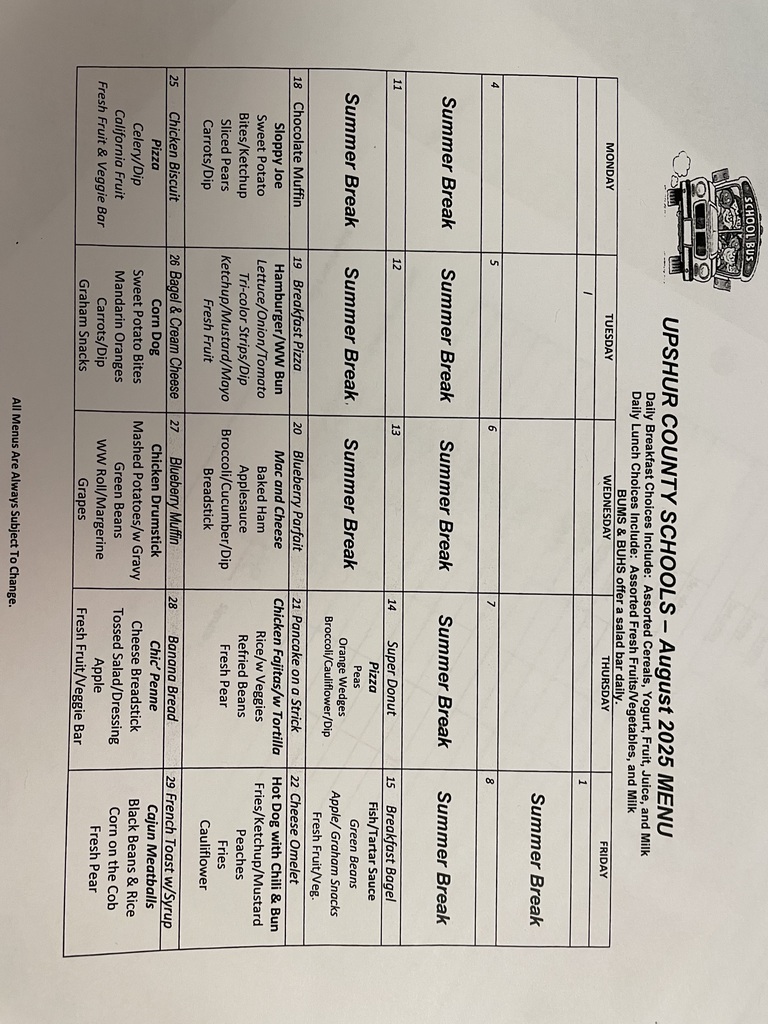 Upshur County Schools August 2025 Menu